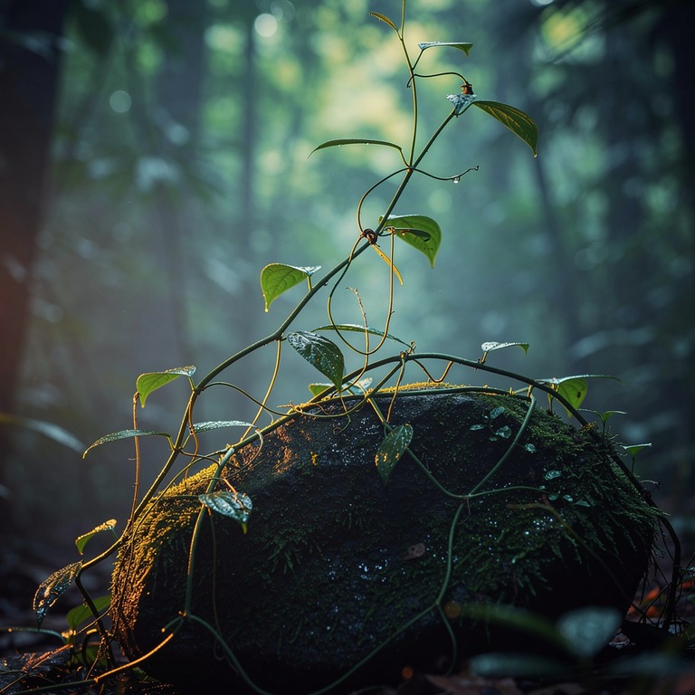 A delicate ayahuasca vine sprawling across a moss-covered st... | ShopAyahuascaRetreats