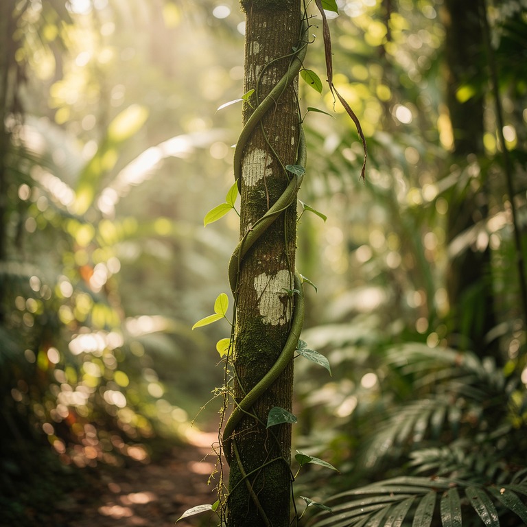 A delicate ayahuasca vine wrapped around a tree trunk, with ... | ShopAyahuascaRetreats