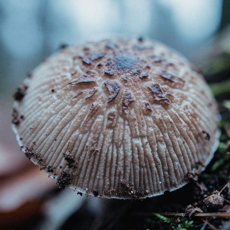 A delicate, close-up view of a psilocybin mushroom cap, show... | ShopAyahuascaRetreats