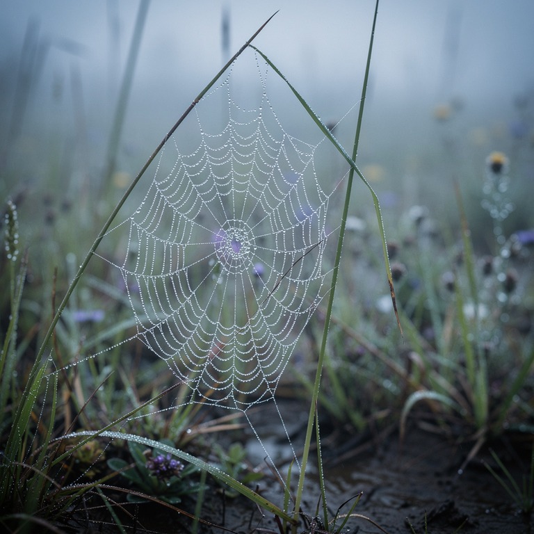 A delicate, dew-kissed spider web clings to a blade of grass... | ShopAyahuascaRetreats