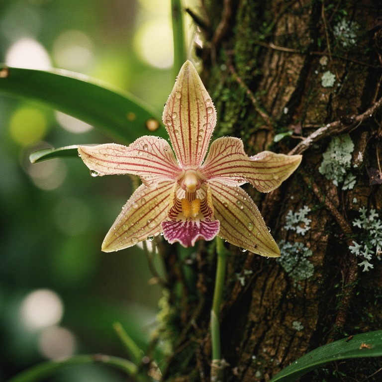 A delicate, exotic orchid blooming on the bark of a tree, wi... | ShopAyahuascaRetreats