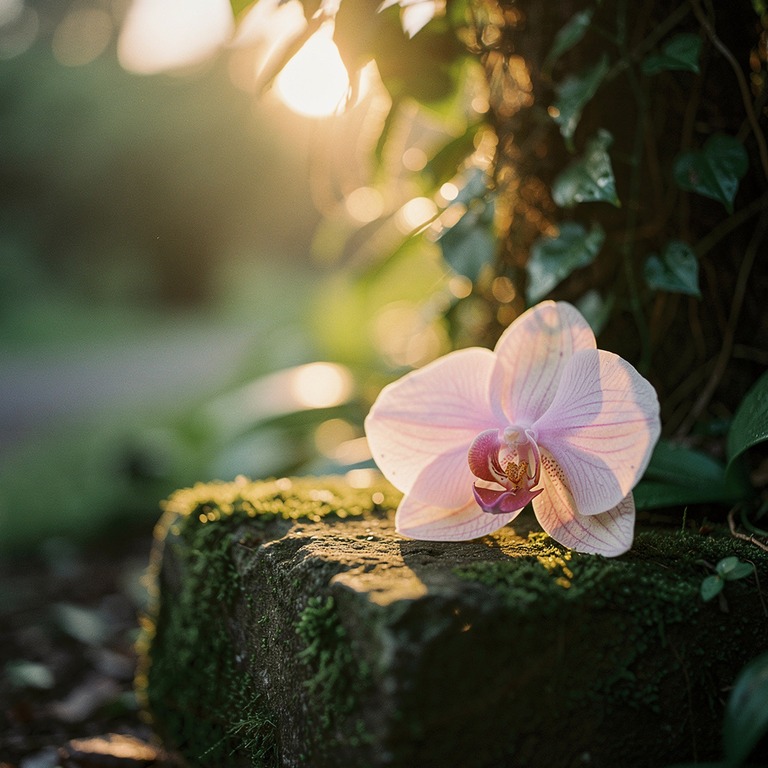 A delicate orchid bloom on a moss-covered stone, backlit by ... | ShopAyahuascaRetreats