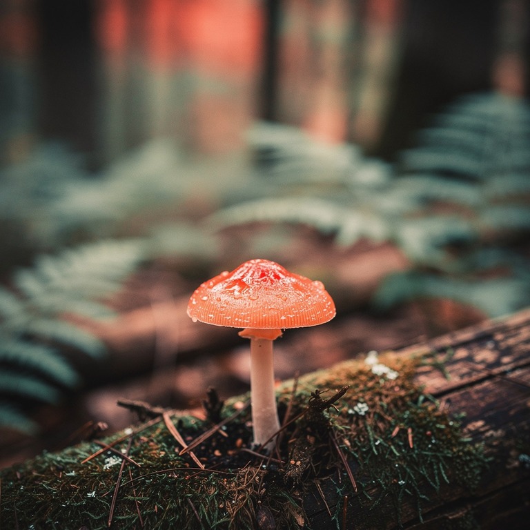 A delicate, poisonous-looking mushroom grows alone on a moss... | ShopAyahuascaRetreats