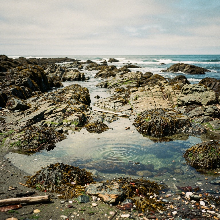 A deserted, rocky shoreline at low tide, with seaweed-covere... | ShopAyahuascaRetreats