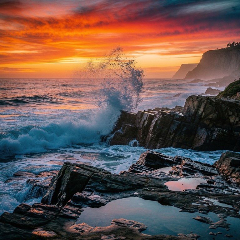 A dramatic seascape at sunset, with waves crashing against a... | ShopAyahuascaRetreats