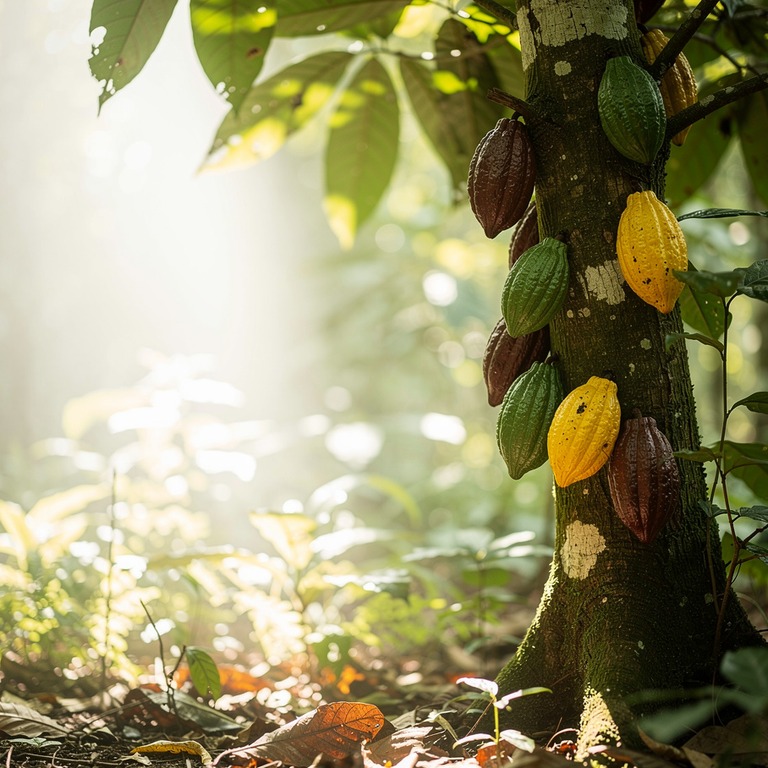 A lush, vibrant cacao tree in a tropical forest, its pods ri... | ShopAyahuascaRetreats