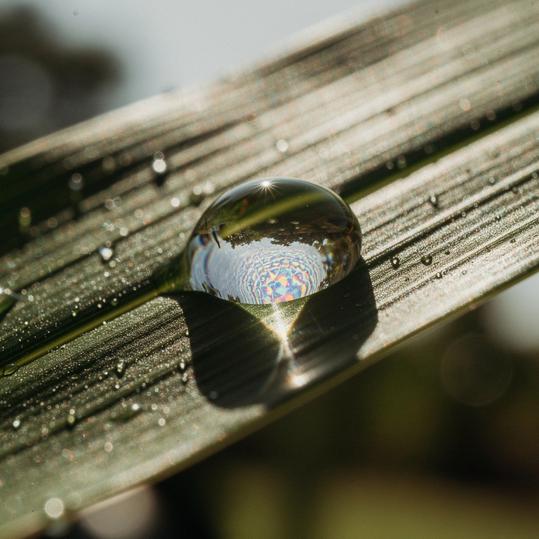 A macro photograph of a water droplet on a leaf, with sunlig... | ShopAyahuascaRetreats
