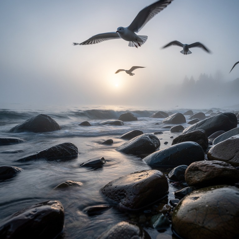 A rocky shoreline at sunrise, with calm waves gently lapping... | ShopAyahuascaRetreats