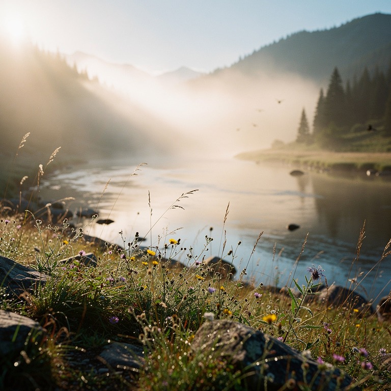 A serene, misty mountain valley at dawn, with the sun's rays... | ShopAyahuascaRetreats