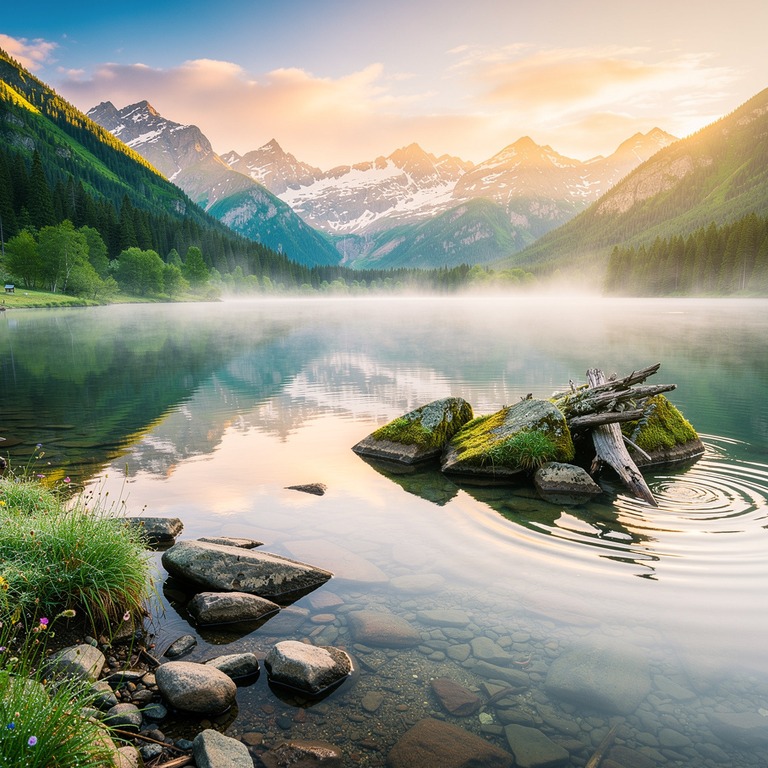 A serene mountain lake at dawn, with mist rising from the ca... | ShopAyahuascaRetreats