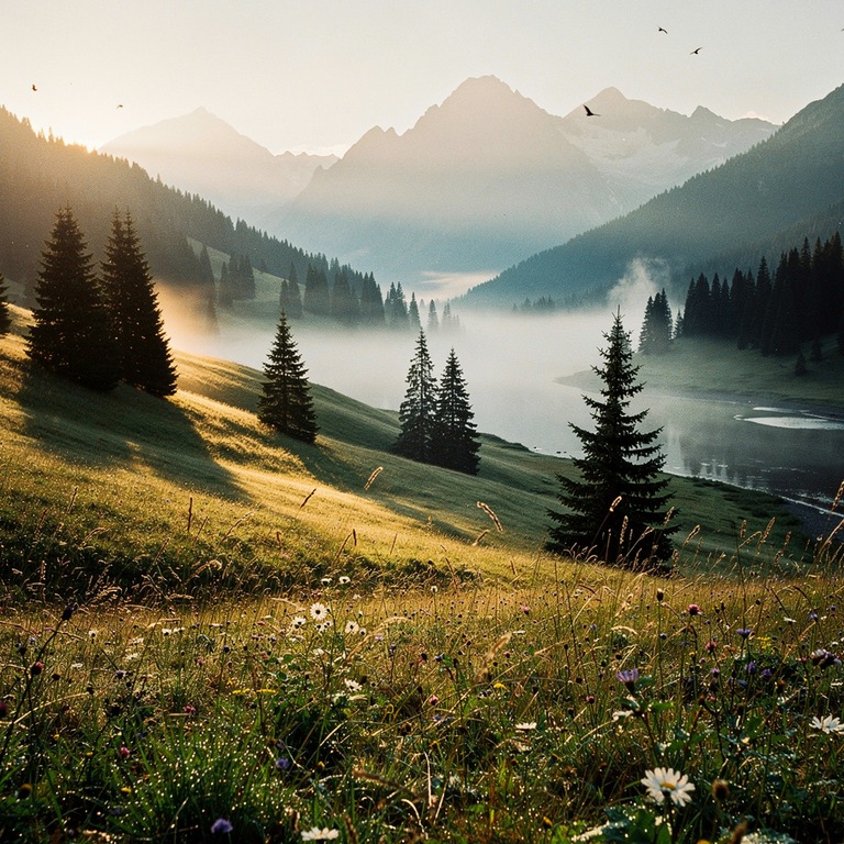 A serene mountain valley at dawn, with misty fog lifting off... | ShopAyahuascaRetreats