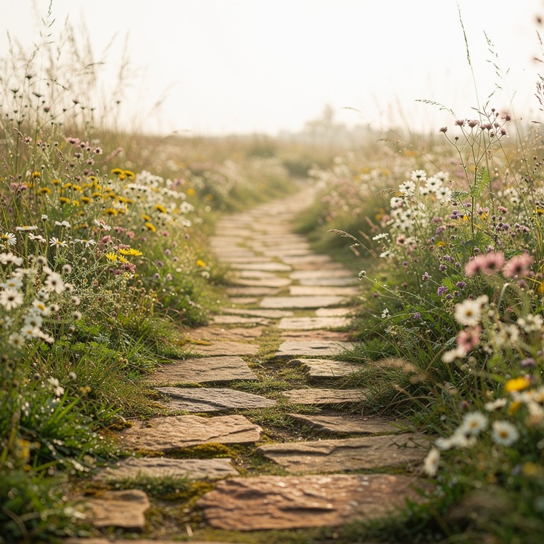 A serene, sun-drenched stone path winding through a lush mea... | ShopAyahuascaRetreats