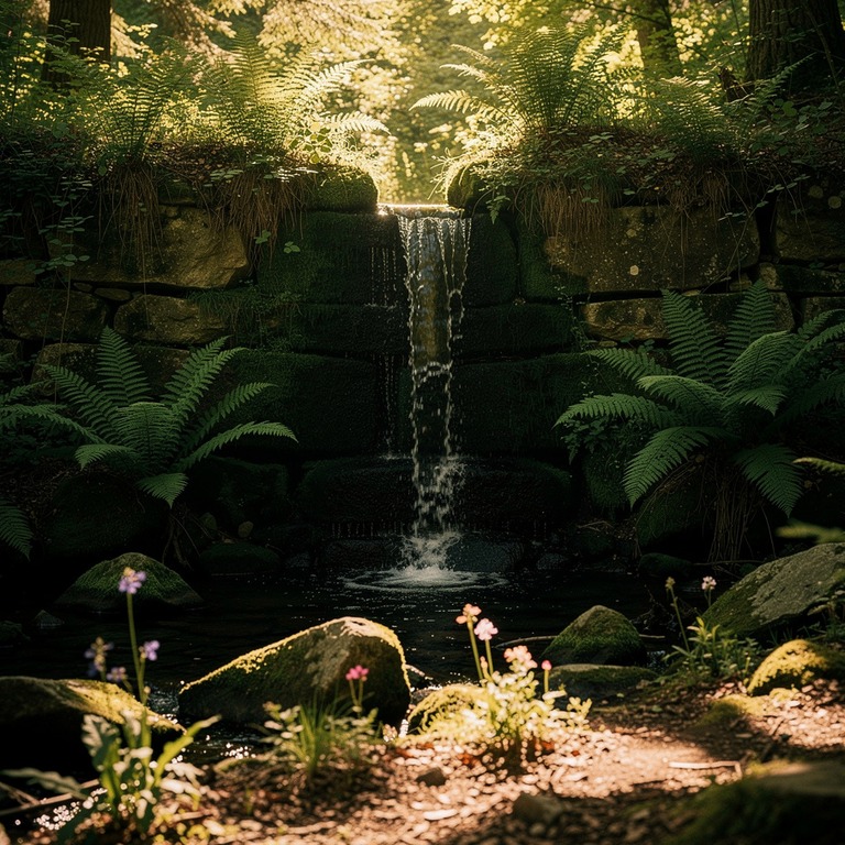 A small, serene waterfall cascades down a moss-covered stone... | ShopAyahuascaRetreats