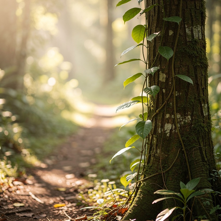 A solitary ayahuasca vine winds its way up a tree trunk in t... | ShopAyahuascaRetreats
