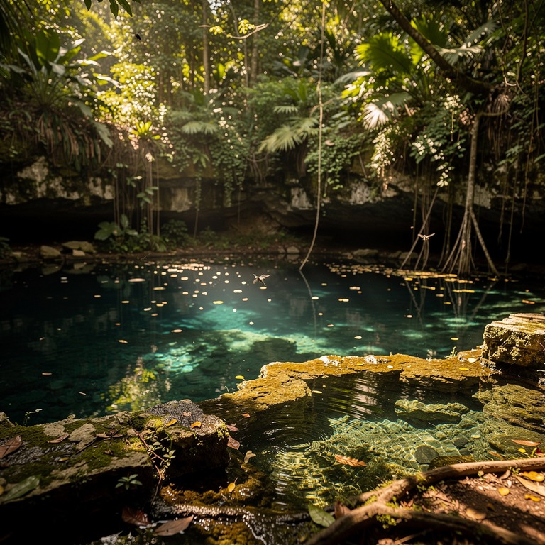 A solitary cenote surrounded by lush greenery, with dappled ... | ShopAyahuascaRetreats