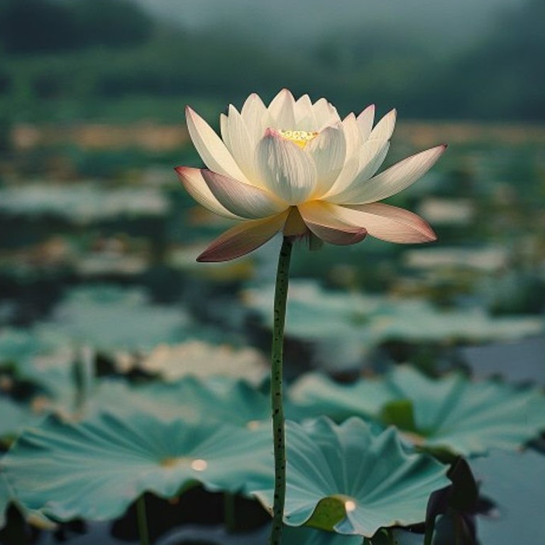 A solitary lotus flower blooming in a serene pond, represent... | ShopAyahuascaRetreats