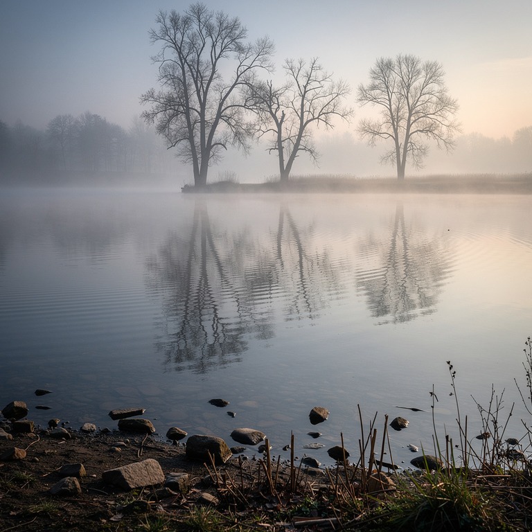 A still pond reflecting a misty morning sky with a few bare ... | ShopAyahuascaRetreats
