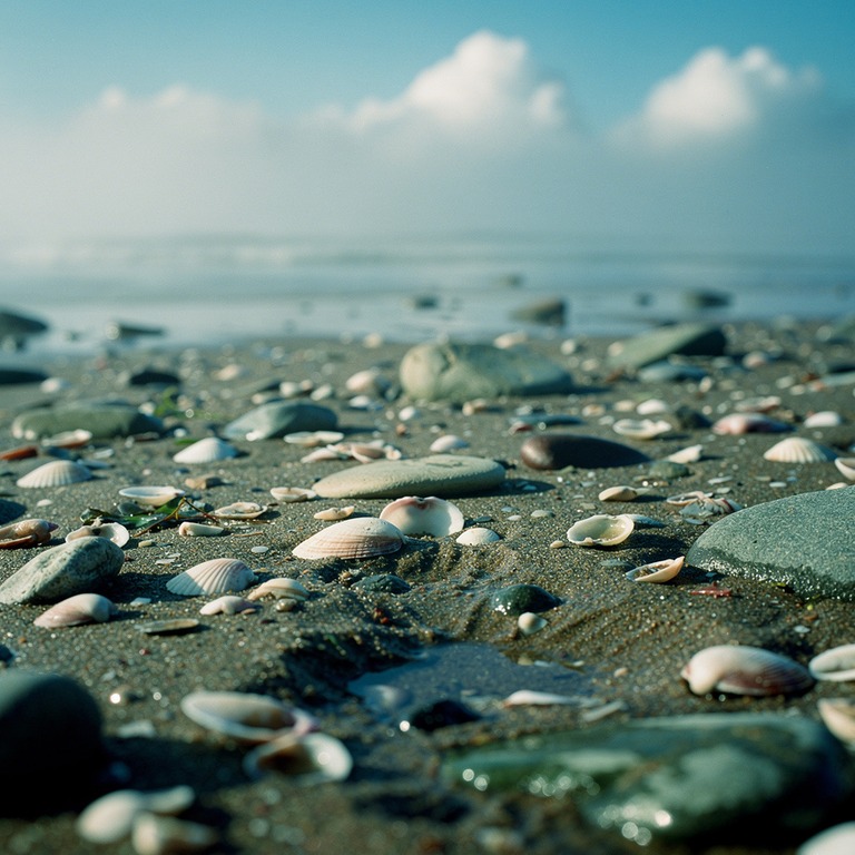 A tranquil sandy shore at low tide, with a variety of seashe... | ShopAyahuascaRetreats