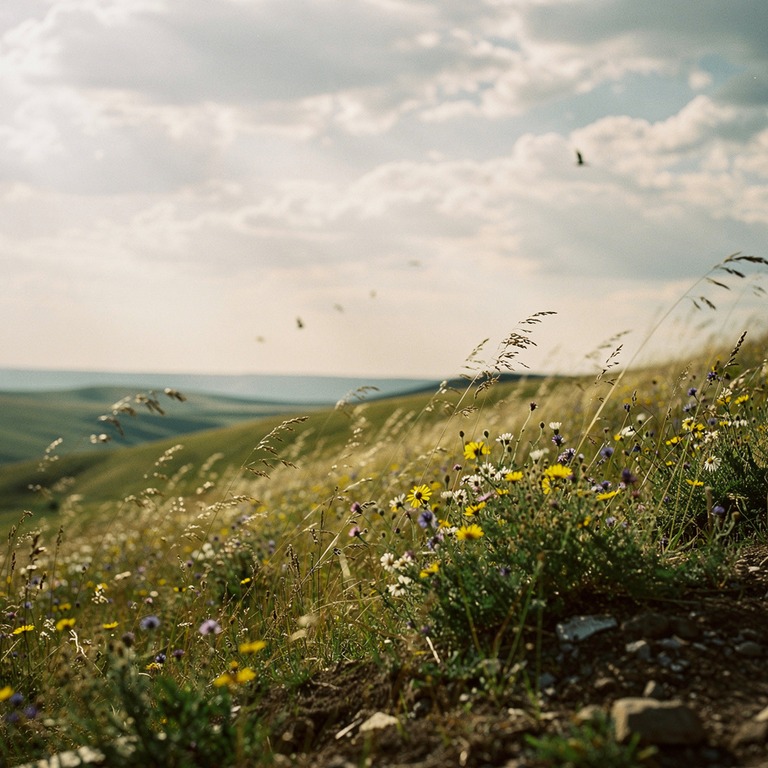 A vast, rolling grassland with wildflowers swaying in the br... | ShopAyahuascaRetreats