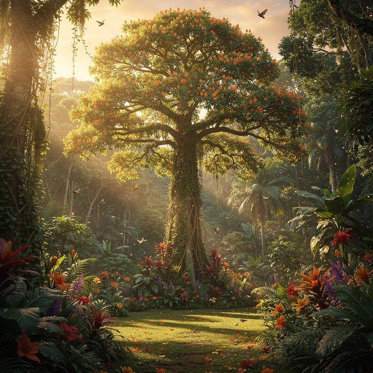 A vibrant ceiba tree in full bloom, standing tall in a clear... | ShopAyahuascaRetreats