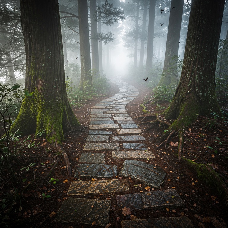 A winding stone path disappears into the foggy distance, fla... | ShopAyahuascaRetreats