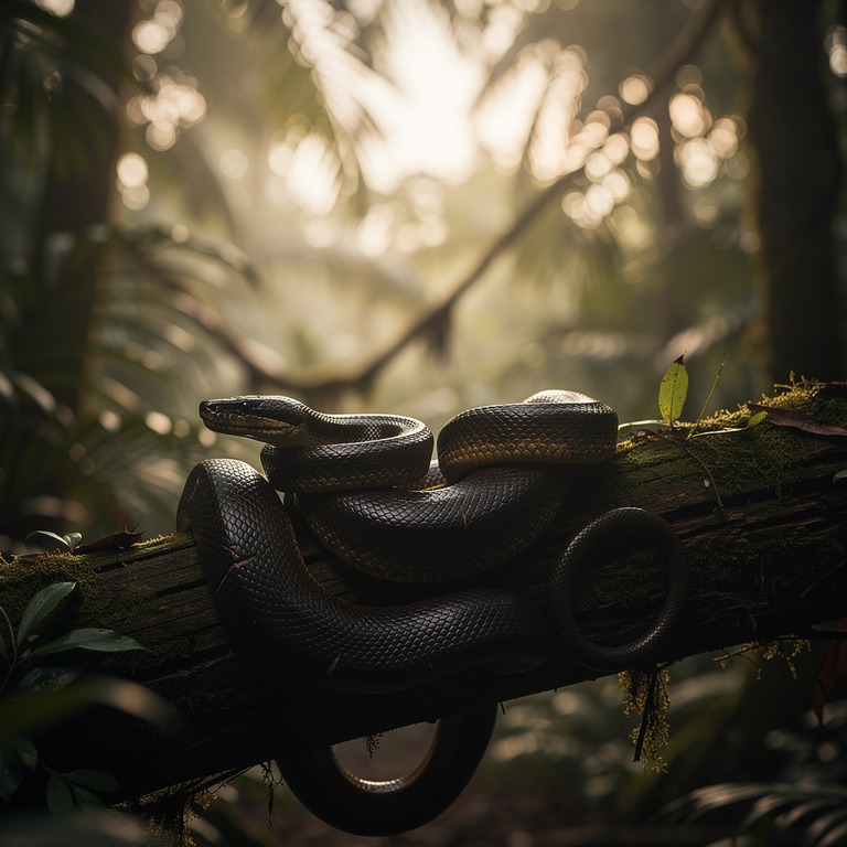 Anaconda coiled on a fallen rainforest log | ShopAyahuascaRetreats