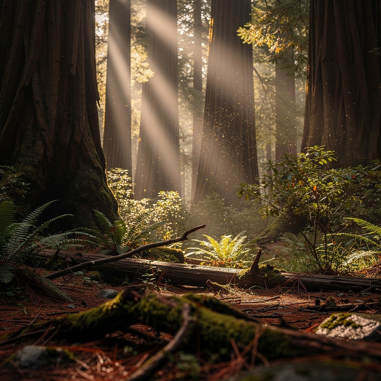 Ancient redwood grove with sun rays streaming through trunks | ShopAyahuascaRetreats