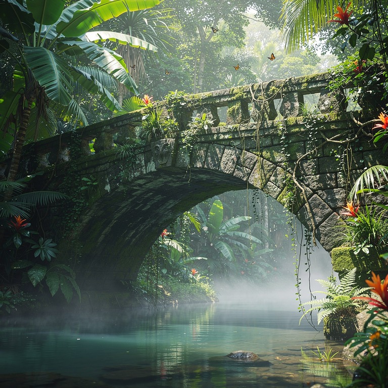 Ancient stone bridge over a quiet jungle stream, soft fog | ShopAyahuascaRetreats