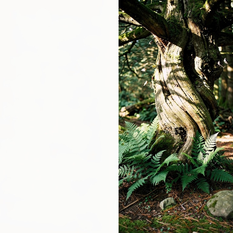 Ancient yew tree with twisting trunk, ferns at its base | ShopAyahuascaRetreats