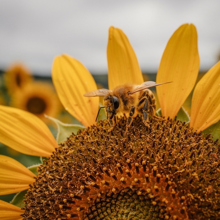 Bee on a sunflower face, extreme macro | ShopAyahuascaRetreats
