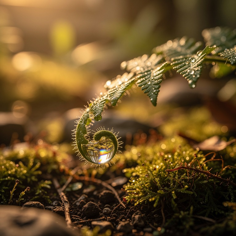 Dewdrop on a fern frond, extreme macro with rainbow refracti... | ShopAyahuascaRetreats