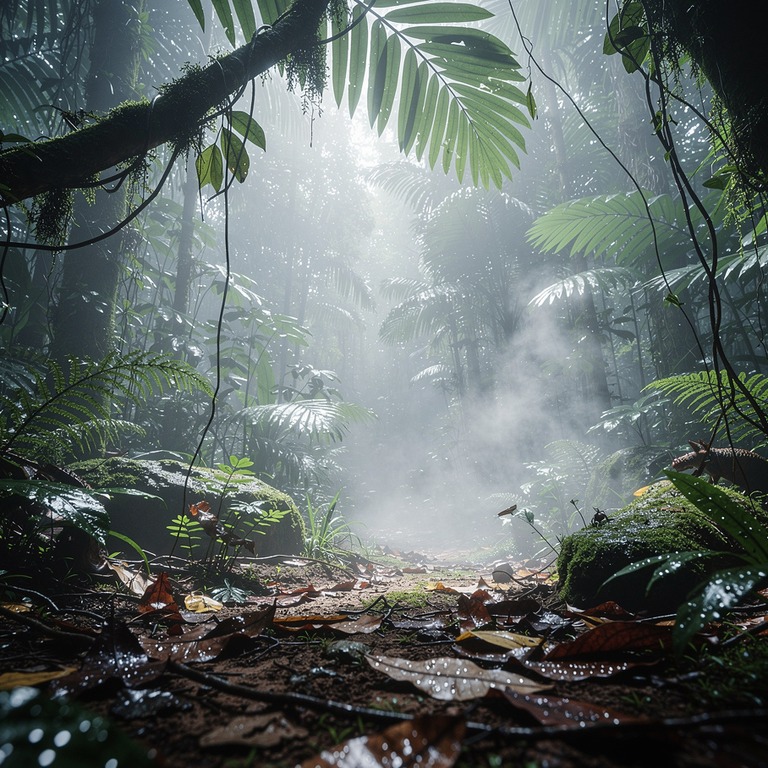 Jungle clearing after heavy rain, steam rising from leaf lit... | ShopAyahuascaRetreats