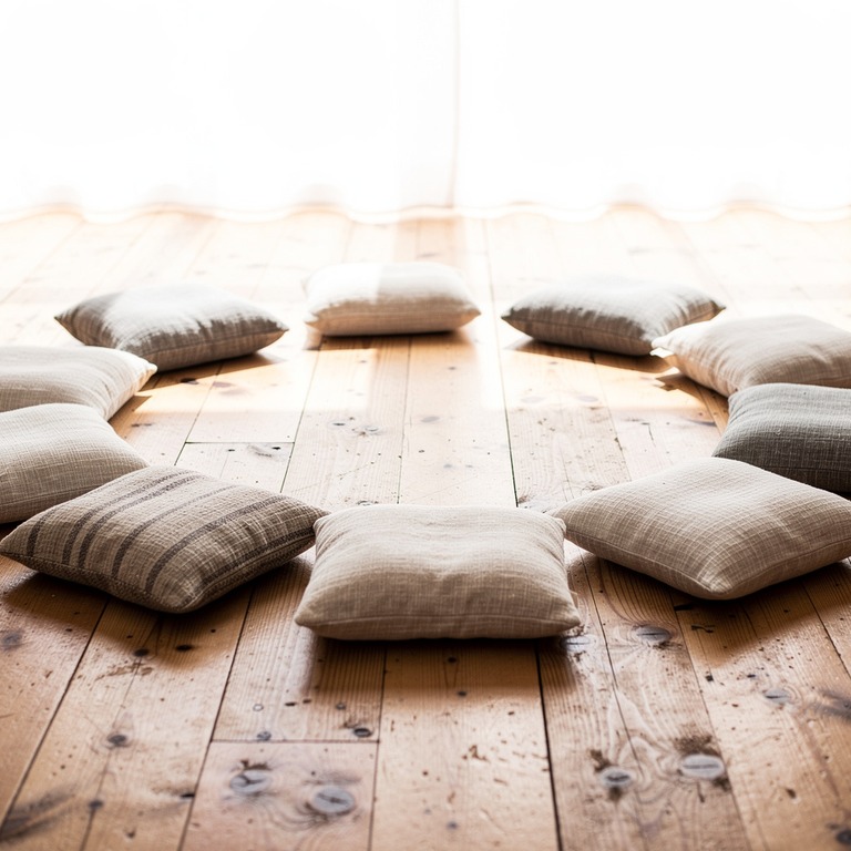 Meditation cushions arranged in a circle on a wooden floor | ShopAyahuascaRetreats