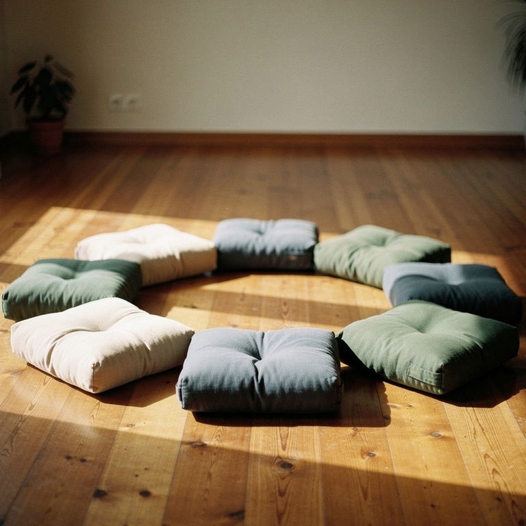 Meditation cushions arranged in a circle on a wooden floor | ShopAyahuascaRetreats