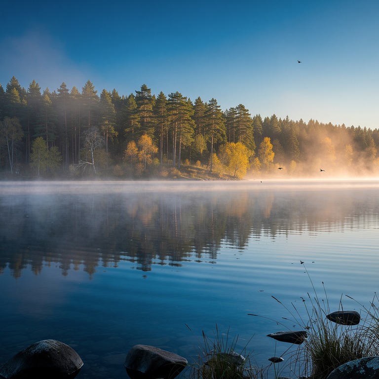 Mist rising from a calm lake, forest reflected in still wate... | ShopAyahuascaRetreats
