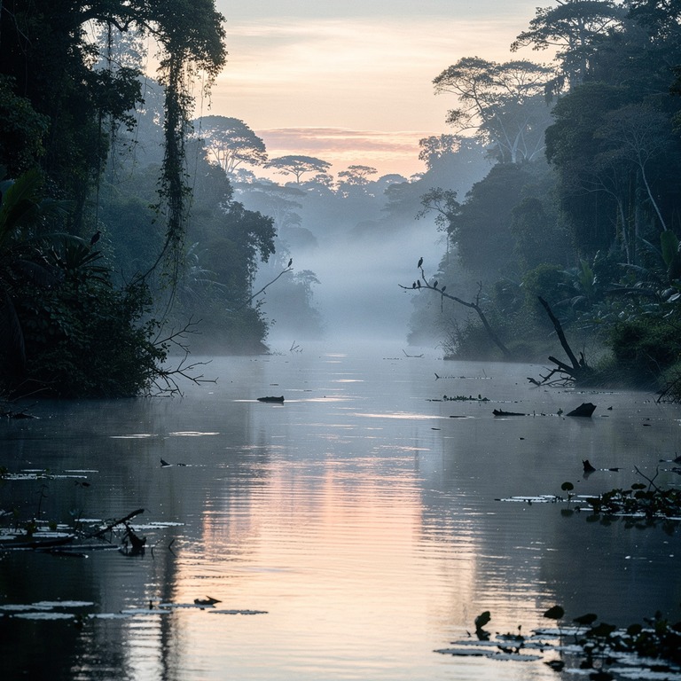 Misty Amazonian river snaking between dense forested banks a... | ShopAyahuascaRetreats