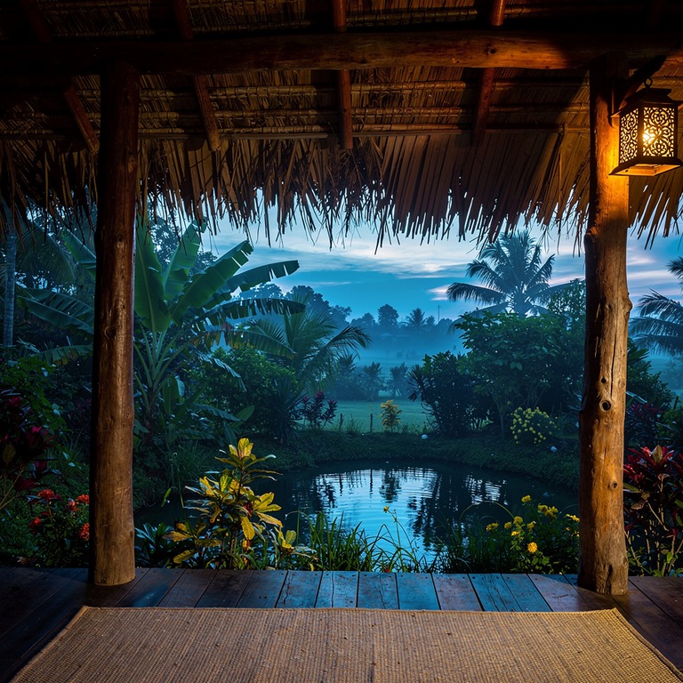 Open thatched-roof veranda overlooking a tropical garden | ShopAyahuascaRetreats