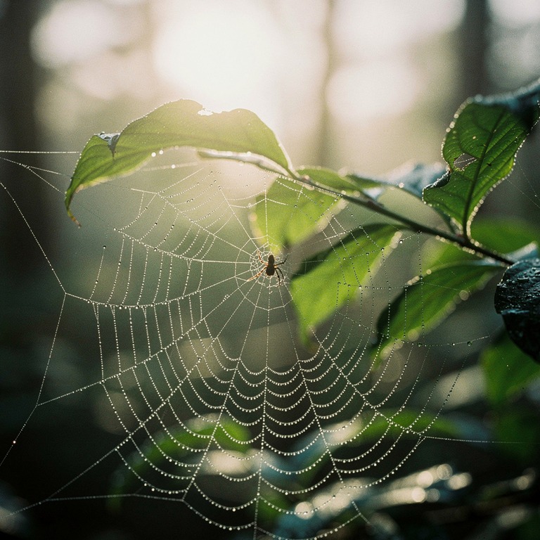 Spider's web stretched between two leaves with morning dew | ShopAyahuascaRetreats