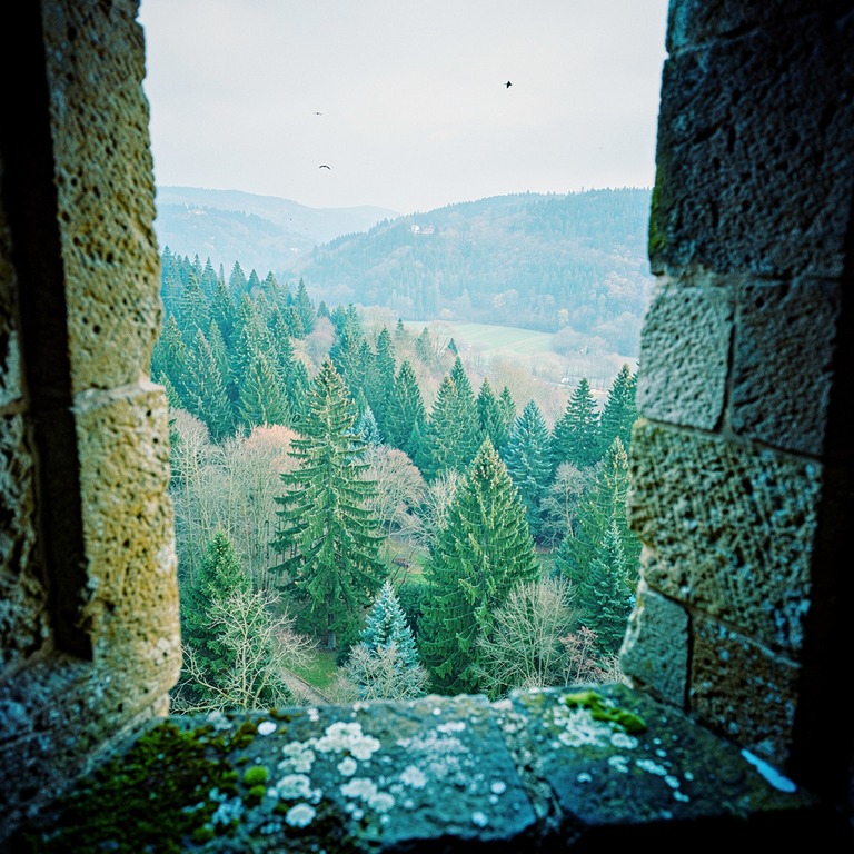 Stone monastery window looking out onto a green forested val... | ShopAyahuascaRetreats