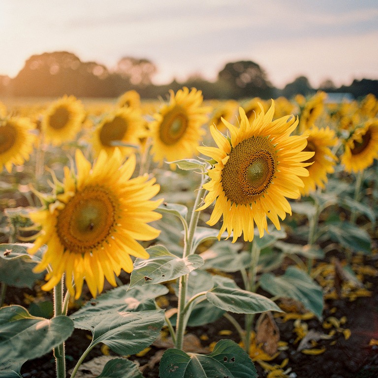 Sunflower field at golden hour, towering blooms | ShopAyahuascaRetreats