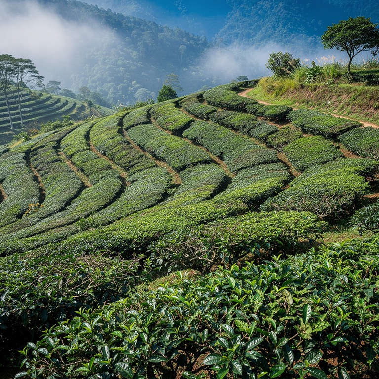 Tea plantation terraces with bright green new leaves, mounta... | ShopAyahuascaRetreats