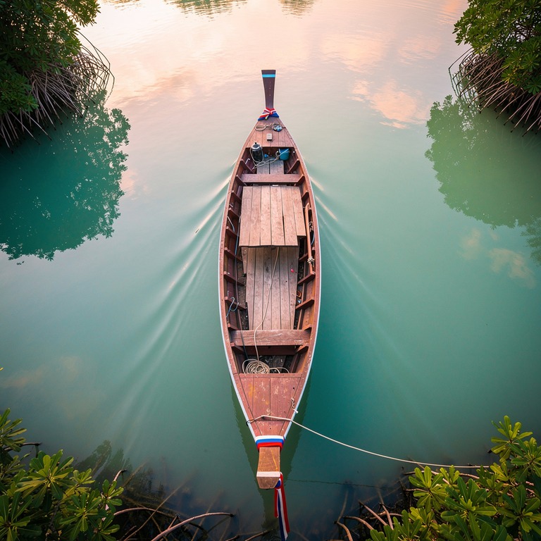 Thai longtail boat on a still lagoon at dawn | ShopAyahuascaRetreats