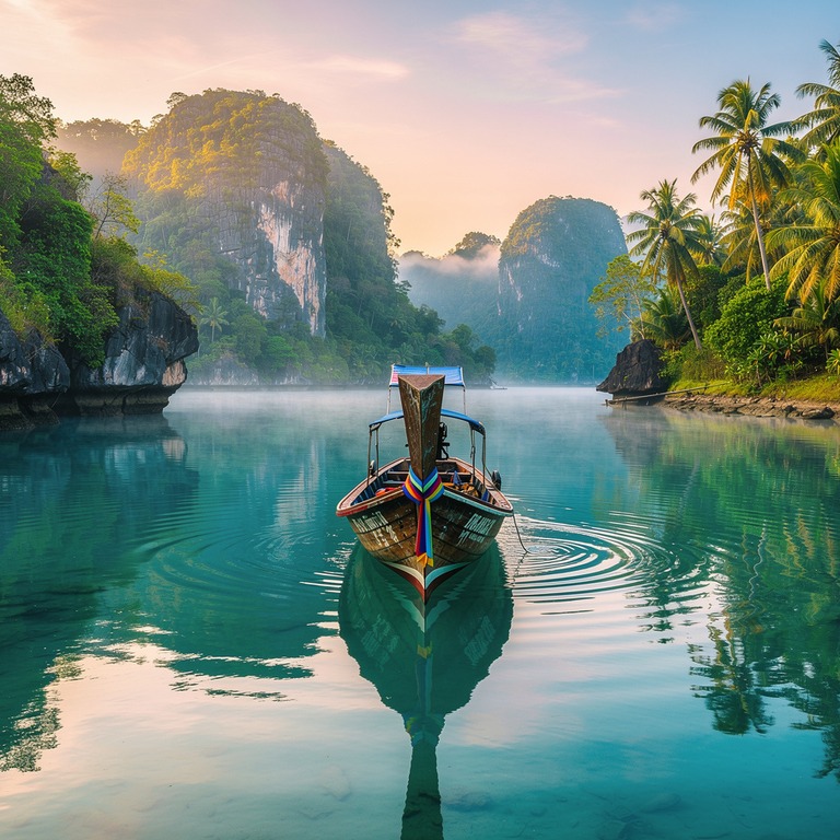 Thai longtail boat on a still lagoon at dawn | ShopAyahuascaRetreats