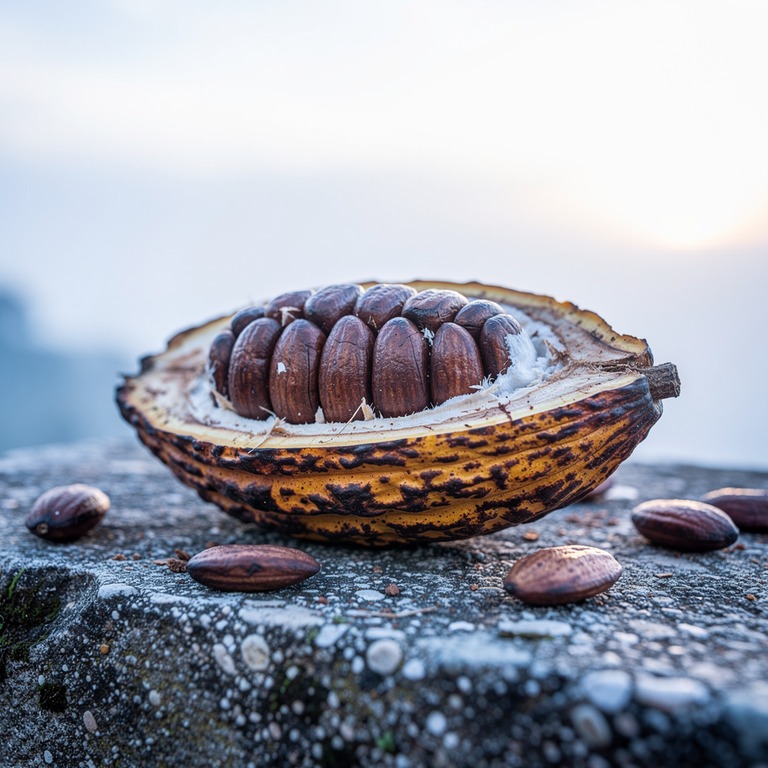A close-up of a cacao pod cracked open on a natural stone su... | ShopAyahuascaRetreats