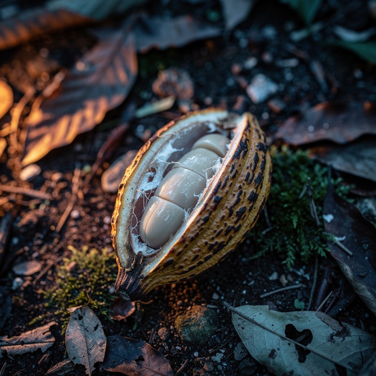 A close-up of a cacao pod splitting open on a forest floor, ... | ShopAyahuascaRetreats
