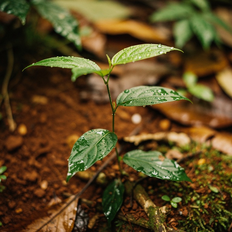 A close-up of a delicate, dew-kissed ayahuasca vine unfurls ... | ShopAyahuascaRetreats