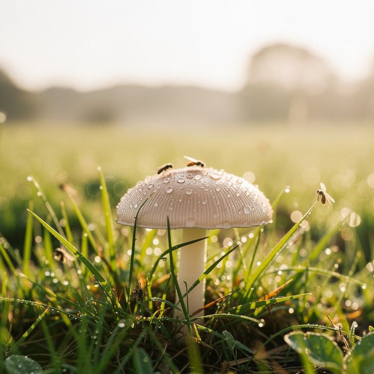 A close-up of a single, dewy psilocybin mushroom cap, illumi... | ShopAyahuascaRetreats