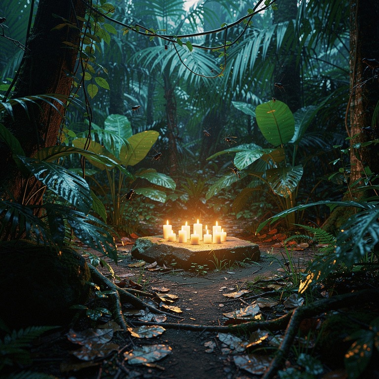 A darkened jungle clearing at dusk, with only a few candles ... | ShopAyahuascaRetreats