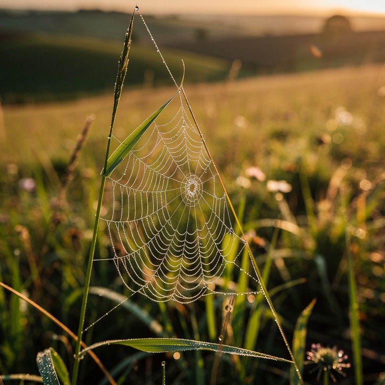 A delicate, dew-kissed spider web clings to a blade of grass... | ShopAyahuascaRetreats