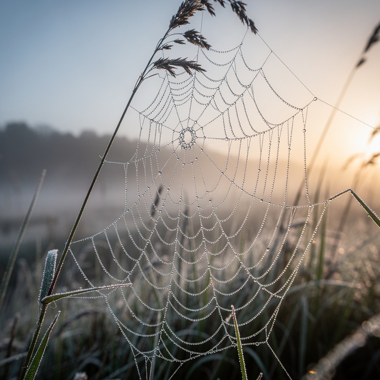 A delicate, frosty spider web clinging to a dewy meadow gras... | ShopAyahuascaRetreats